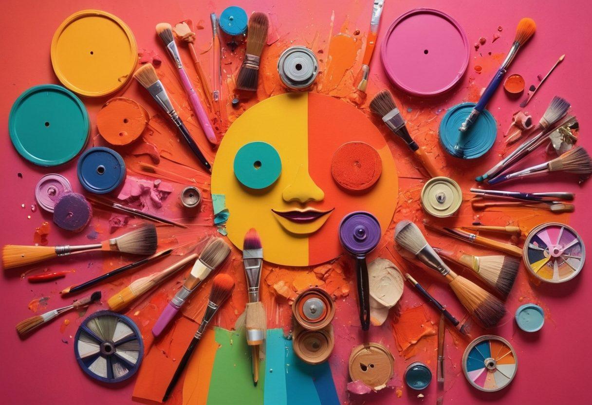 A vibrant collage of iconic queer film scenes, featuring a diverse group of characters expressing their individuality through art and color. Integrate elements like paint brushes, palettes, and film reels to symbolize the intersection of sexuality and creativity. Use a dynamic blend of hues and abstract shapes to evoke a sense of celebration and inclusion. super-realistic. vibrant colors. 3D.