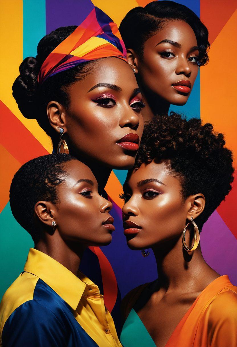 A vibrant collage showcasing the dynamic and sensual essence of queer cinema. Feature iconic scenes from African American adult films intertwined with abstract shapes and colors that represent fluidity and desire. Include silhouettes representing diverse queer identities, overlaid with bold, passionate hues. The background should evoke the intimate ambiance of a film set, emphasizing light and shadow play. vibrant colors. digital painting.